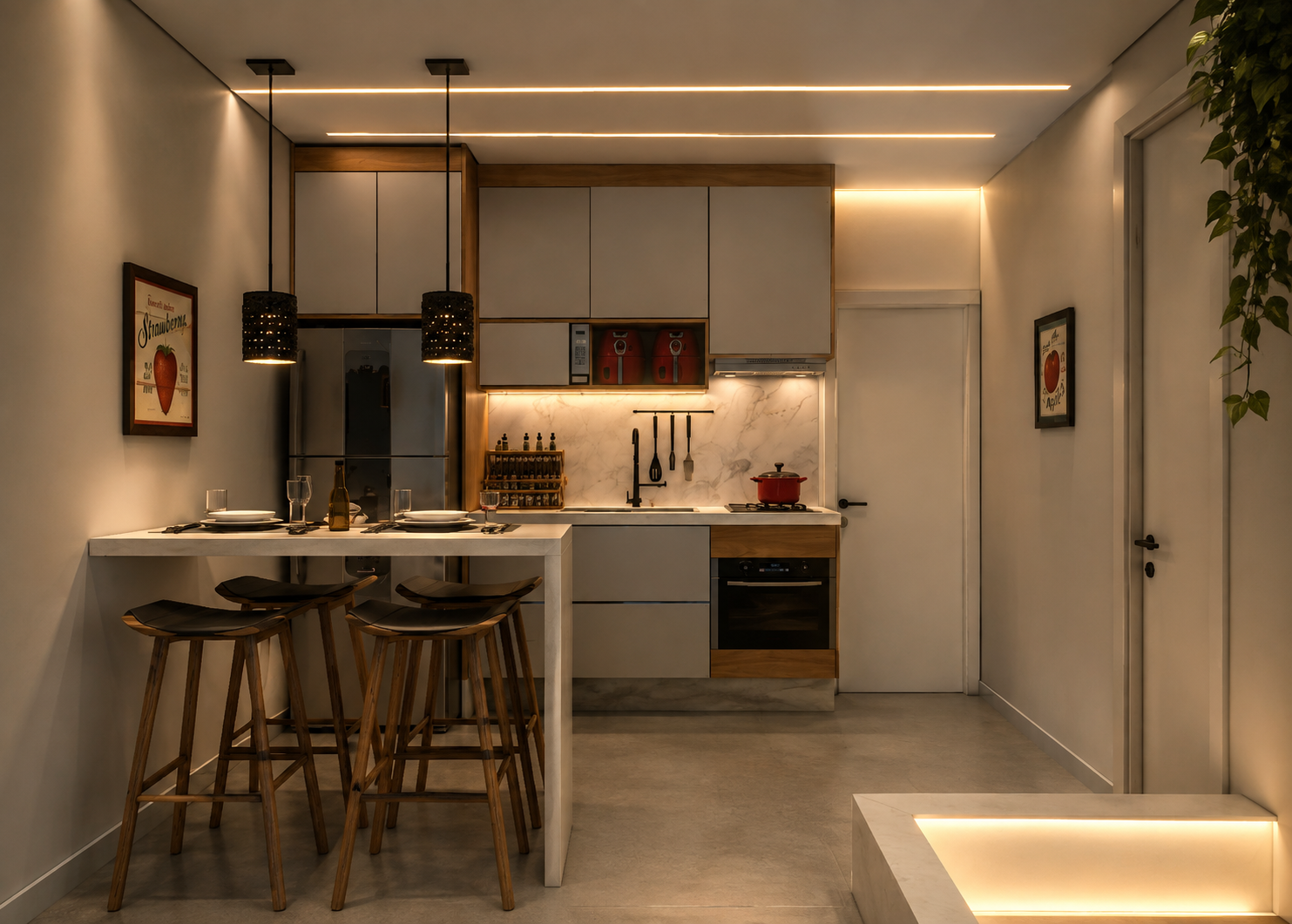 Projeto 3D de cozinha integrada com bancada e iluminação embutida.